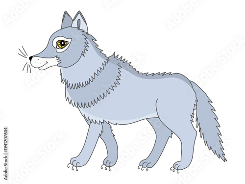 Adorable grey wolf with curved claws on white background.