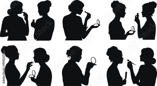Makeup silhouette illustration, beauty routine, cosmetic application, women grooming, personal care, self‑expression, fashion style, elegance, mirror brush lipstick