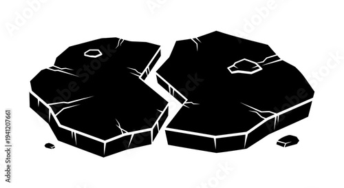 Abstract black fragmented shapes with white cracks symbolizing division or rupture on a stark