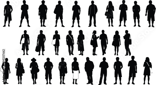 Silhouettes of diverse people in casual poses, men and women figures, hats and bags, everyday attire, demographic variety illustration vector design