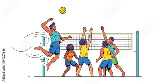 A dynamic group of five cartoon people including men and women are energetically playing beach volleyball with one spiking the ball, Generative AI.