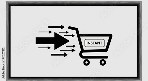 Dynamic illustration of instant online shopping concept with fast moving cart and directional arrows