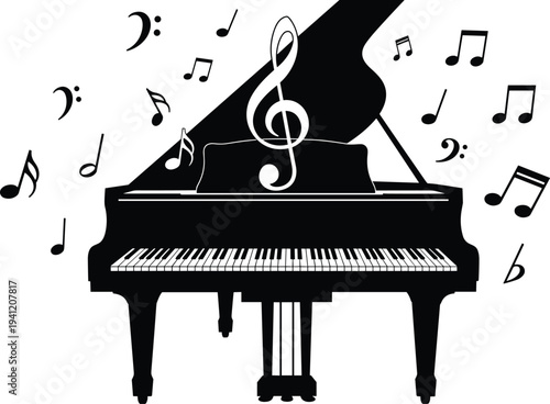 Grand piano illustration with treble clef, musical notes, bass symbols, sheet music creativity, artistic music vector concept – flavector