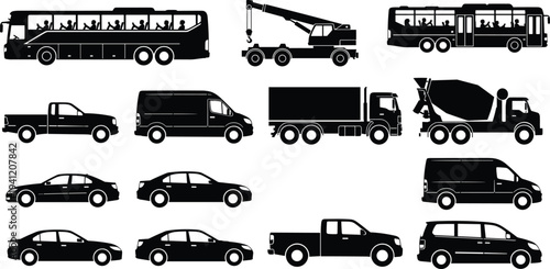Silhouettes of diverse vehicles including buses, trucks, vans, cars, construction vehicles, arranged in grid, transportation illustration, automotive artwork