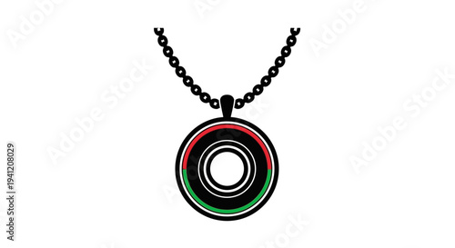 Symbolic geometric circular pendant with red, black, and green rings on a simple chain design