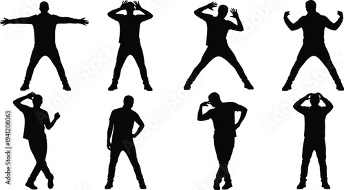 Silhouettes of expressive human poses, dynamic gestures, body language, dance movements, standing stances, emotional actions, artistic figure illustration, vector design, fitness posture