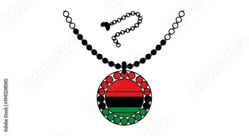 Symbolic beaded necklace featuring a circular pendant with vibrant red black and green stripes