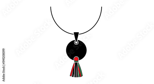 Stylized black necklace with vibrant red green black tassel pendant design