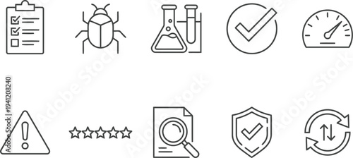Set of business and science icons, checklist, bug, lab, gauge, warning, stars, search, shield, refresh symbols