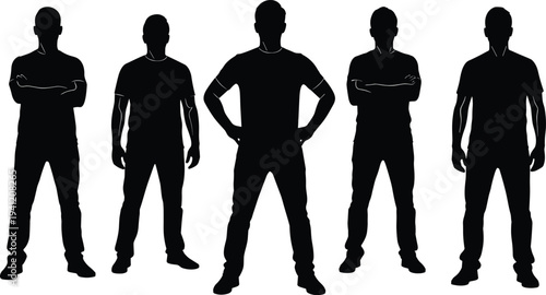 Silhouettes of five standing individuals in row, distinct postures with arms crossed, relaxed, hands on hips, black illustration figures