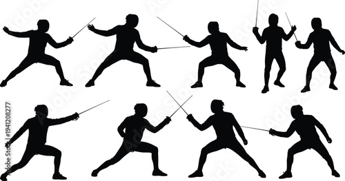 Silhouettes of fencing athletes in dynamic swordplay poses, offensive and defensive stances, sparring practice, showcasing competitive sport movement and technique