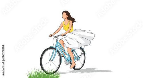 A graceful cartoon woman with long brown hair rides a blue bicycle her white skirt flowing in the wind with green grass in the foreground, Generative AI.