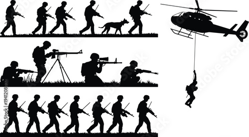 Military operations silhouette illustration, soldiers in combat, helicopter rappelling, teamwork maneuvers, armed forces, tactical warfare, defense unity