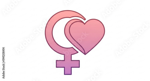 Female gender symbol merged with heart on white background representing love and feminism in a simple pink and purple gradient illustration