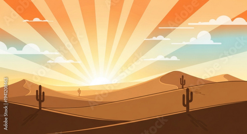 Sunset over desert landscape with cacti and mountains warm orange and yellow hues serene natural scenery