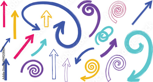 Hand Drawn Colorful Arrow Vector Set with Curved, Spiral and Directional Arrows Sketch Style Design Elements