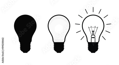 Three light bulbs depicting a progression of illumination stages