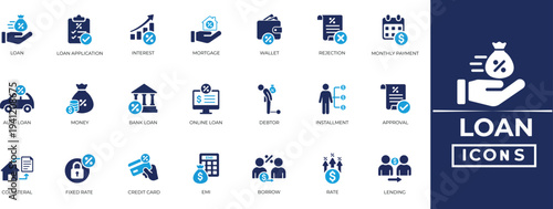 
Loan icon set with credit score, lending, interest rate, borrowing, EMI, approval, document, and finance. Solid icon collection.