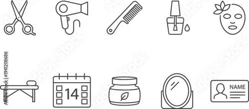 Set of beauty and hair salon icons, line art style, minimalistic design