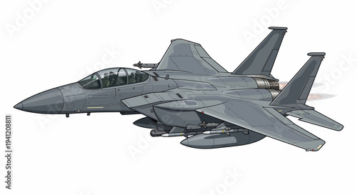 A military fighter jet flies through the air with its engines on