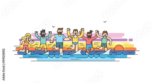 A diverse group of seven people is happily running and splashing in the ocean water during a colorful sunset with birds flying above, Generative AI.