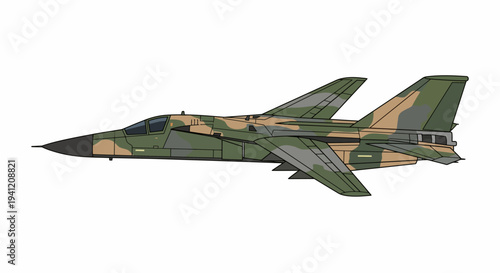 A military fighter jet with camouflage paint flies through the air.