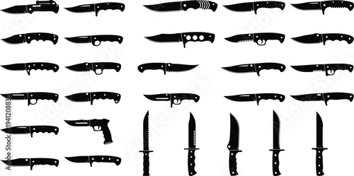 Knife, silhouettes, collection, tactical, hunting, blade, weapon, survival, combat, tool, military, steel, equipment, vector, illustration, knife, set, design, outdoo
