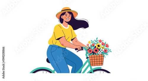 A cheerful woman with a yellow straw hat and flowing dark hair rides a light green bicycle with a front basket full of colorful flowers, Generative AI.