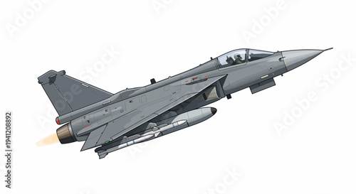 A gray fighter jet flies through the air with missiles attached