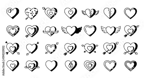 Hearts doodle drawn by hand with grunge scrawls and various designs featuring love, romance, broken with cracked and