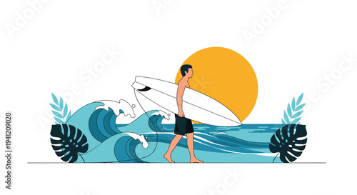 A man carrying a white surfboard walks barefoot towards stylized blue ocean waves with a large orange sun and tropical leaves in the background, Generative AI.