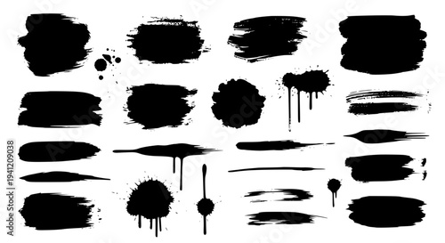 Brush strokes set with black paint splatters and smudges featuring ink, grunge, texture with abstract and artistic