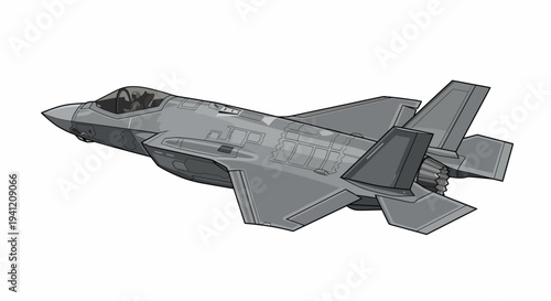 A sleek gray military jet flies through a clear blue sky