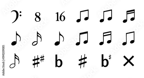 Notes music set with various symbols and markings, black on white featuring clef, rests, time signatures with sharp and
