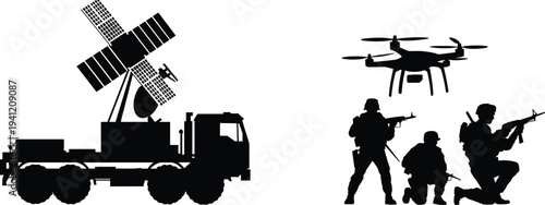 Military technology silhouette illustration, radar truck system, armed soldiers tactical positions, drone reconnaissance, modern warfare, defense forces, communication, surveillance