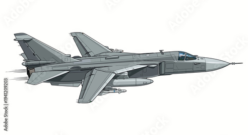 A military fighter jet flies through the air with missiles attached underneath.