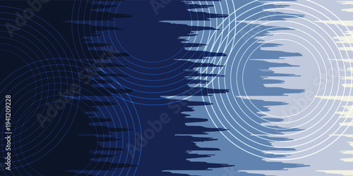Abstract Blue Wave Pattern with Concentric Circles and Horizontal Lines.