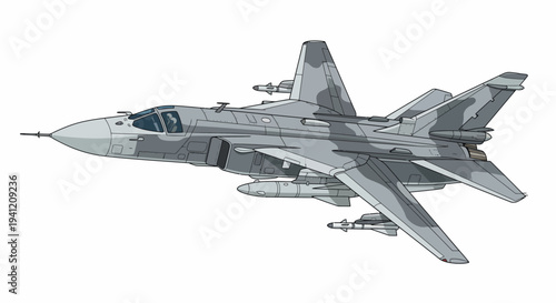 A military fighter jet soars through the sky with missiles attached.