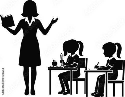 Silhouette classroom scene with teacher instructing students, desks, books, pencils, apple, learning activity education concept illustration – flavector