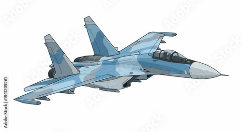 A blue fighter jet flies through a clear sky with its engines roaring.