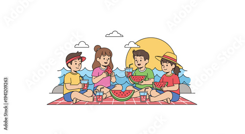 Four joyful children are sitting on a checkered picnic blanket by the ocean happily eating watermelon and drinking juice, Generative AI.