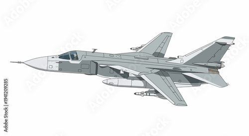 A gray fighter jet flies through clear blue skies with missiles.