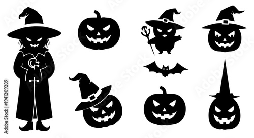 Pumpkins Halloween set with witch silhouettes and jack-o'-lanterns featuring pumpkin, silhouette, hat with bats and