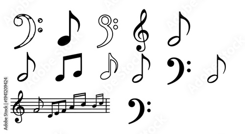 Musical notes and clefs set with various symbols for music notation featuring clef, treble clef, bass clef with whole