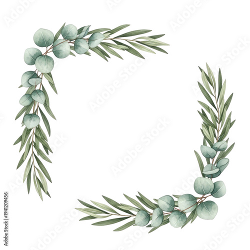 Watercolor eucalyptus and olive branches forming a decorative corner frame isolated on a transparent background