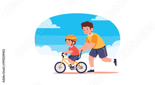 A supportive father in a yellow shirt runs alongside his young son who wears a yellow helmet and rides a small yellow bicycle under a blue sky, Generative AI.