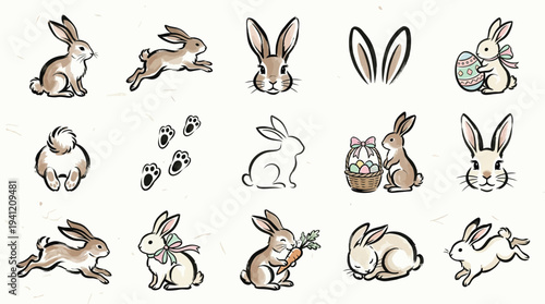 A collection of hand-drawn rabbit illustrations in various poses, including full bodies, faces, ears, tails, footprints, and Easter-themed elements like eggs and carrots.