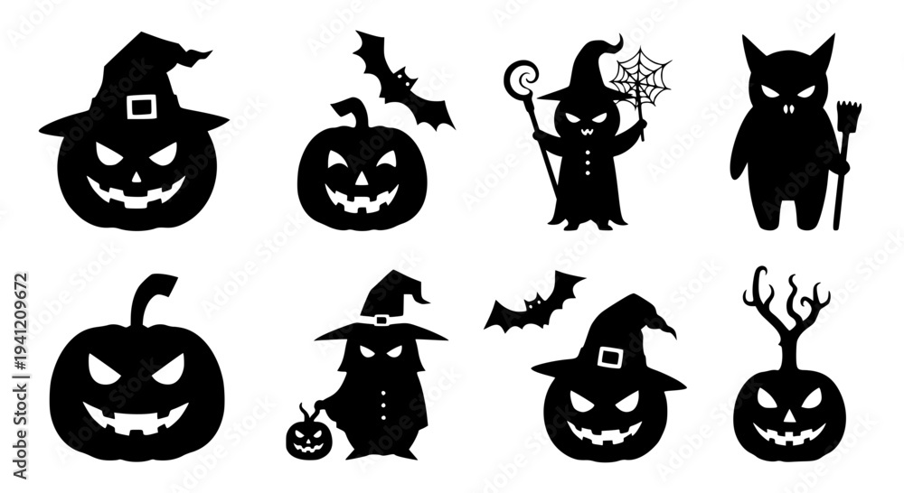 Fototapeta premium Pumpkins Halloween set with silhouettes of jack-o'-lanterns and witches featuring pumpkin, silhouette, witch with bat
