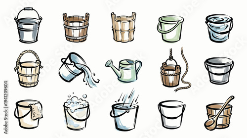 A collection of various buckets and containers, some filled with water, soap, or being used for watering plants.