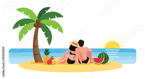 An illustrated couple in swimwear sits on a sandy beach under a palm tree observing a sunset over the ocean with fresh fruit nearby, Generative AI.